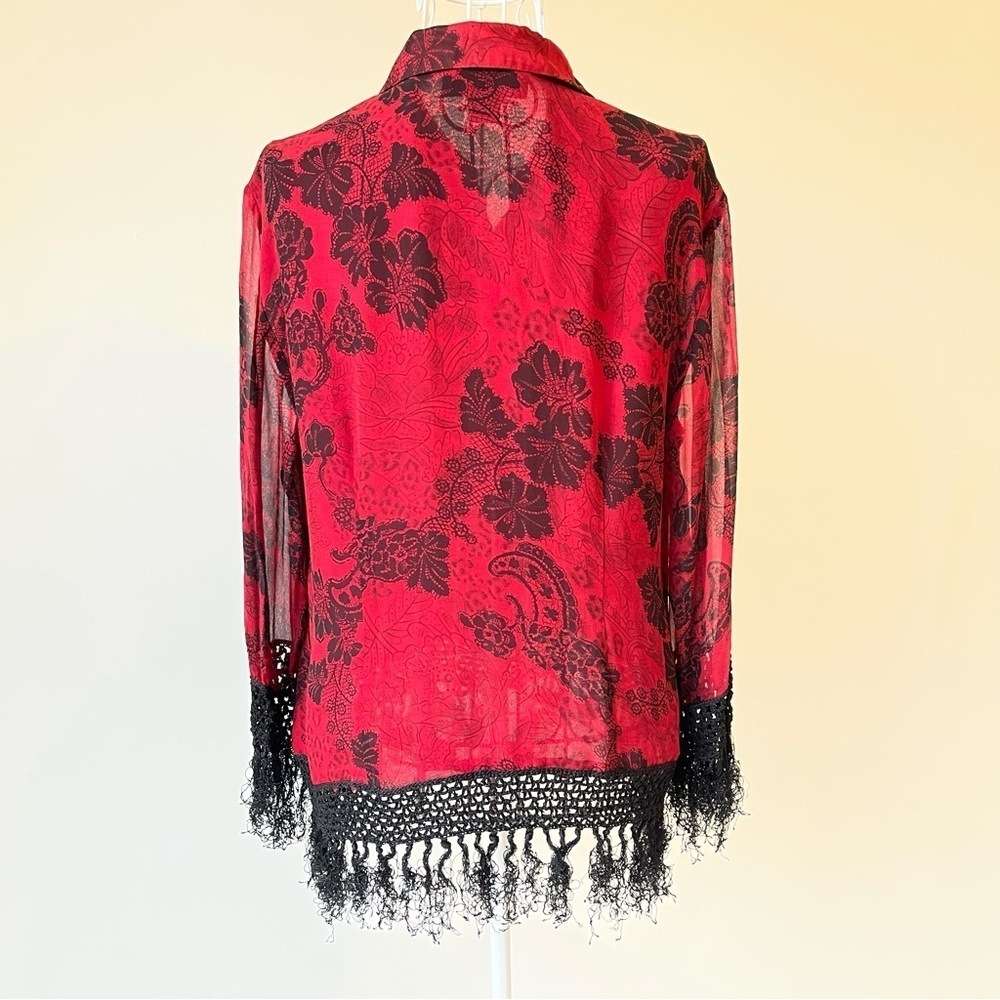 Vintage Spencer Jeremy Silk Semi Sheer Button Down Blouse Fringe red black SZ 10 - Picture 5 of 7